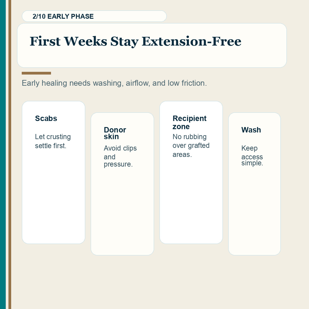 Hair extensions after FUE favorite no strip carousel v3 slide 2 explaining first weeks stay clear