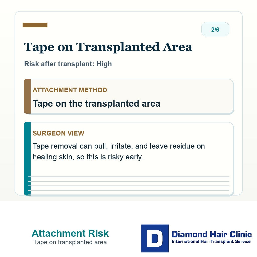 Hair system attachment risk slide explaining that tape on the transplanted area is high risk after transplant