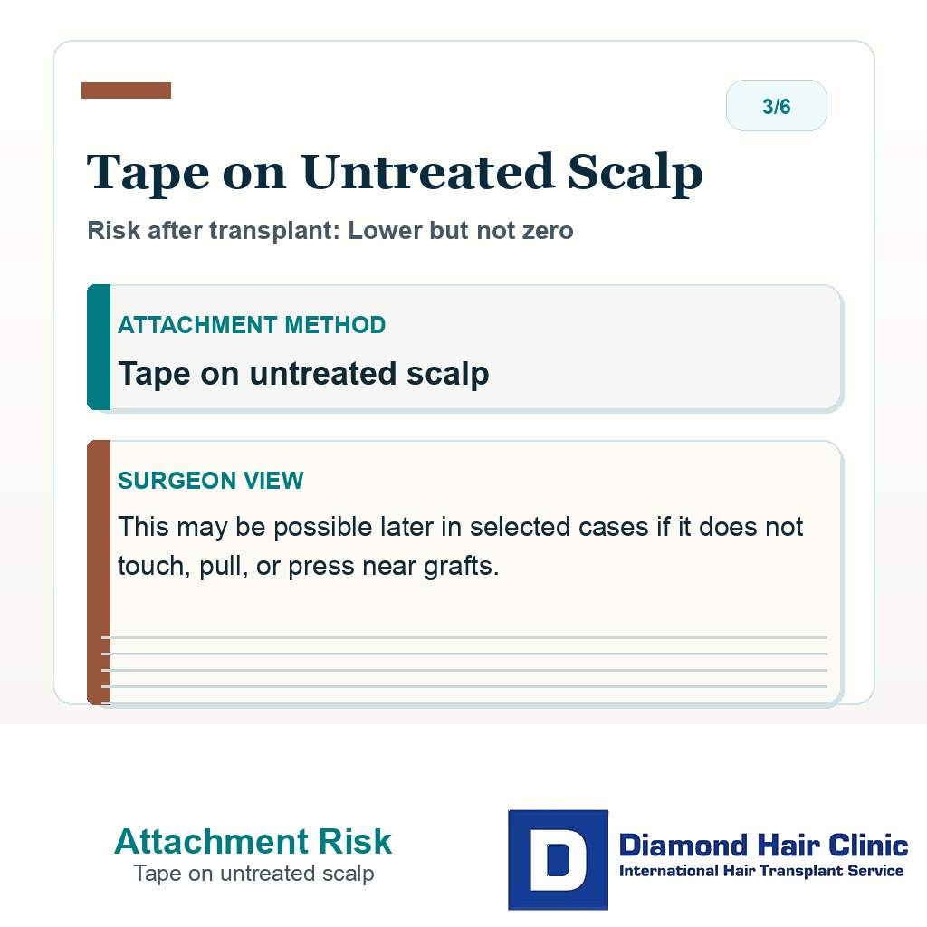 Hair system attachment risk slide explaining that tape on untreated scalp is lower risk but not zero after transplant