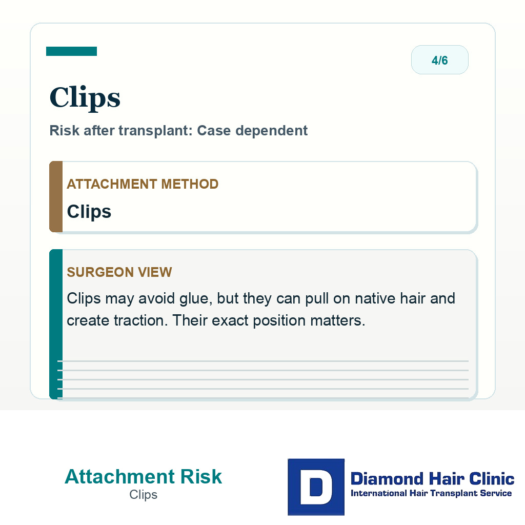 Hair system attachment risk slide explaining that clips are case dependent after hair transplant