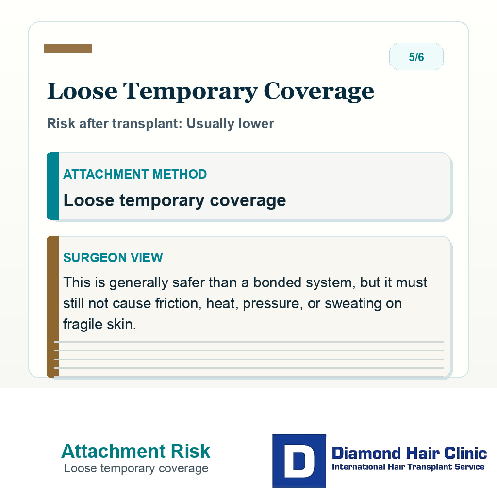 Hair system attachment risk slide explaining that loose temporary coverage is usually lower risk but still must avoid friction heat pressure or sweating