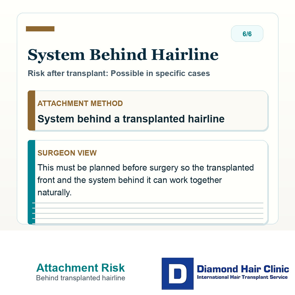 Hair system attachment risk slide explaining that a system behind a transplanted hairline must be planned before surgery