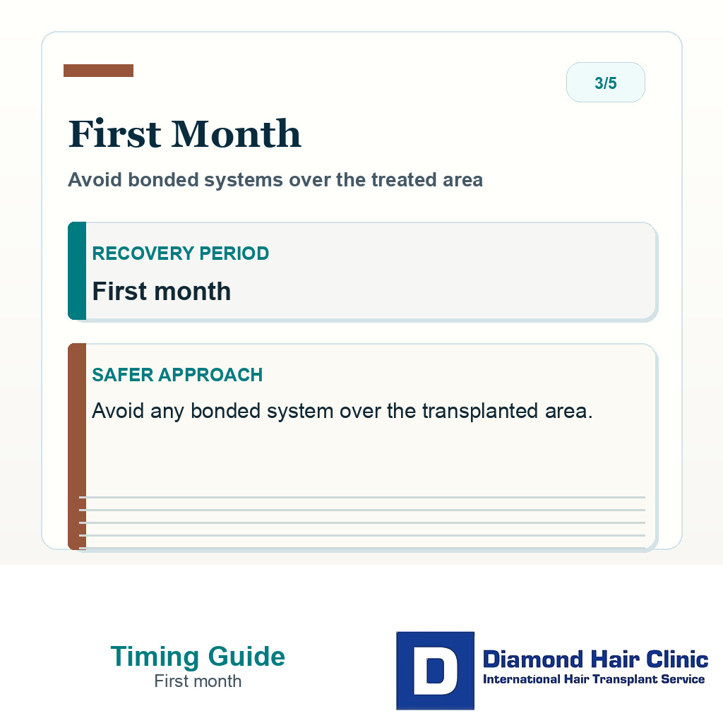 Hair system timing slide explaining that bonded systems should be avoided over the transplanted area in the first month