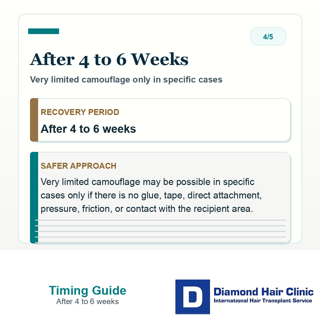 Hair system timing slide explaining limited camouflage after 4 to 6 weeks only without glue tape pressure friction or contact