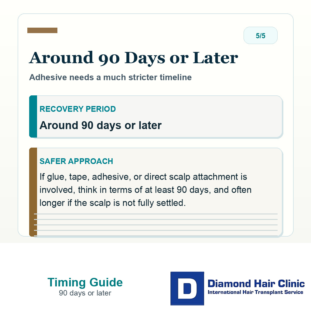 Hair system timing slide explaining that glue tape adhesive or direct scalp attachment usually needs at least 90 days or longer