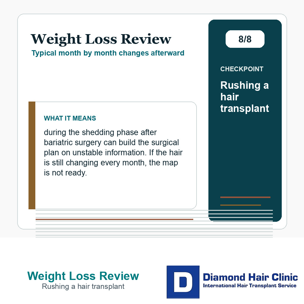 Weight Loss Review carousel slide about rushing a hair transplant
