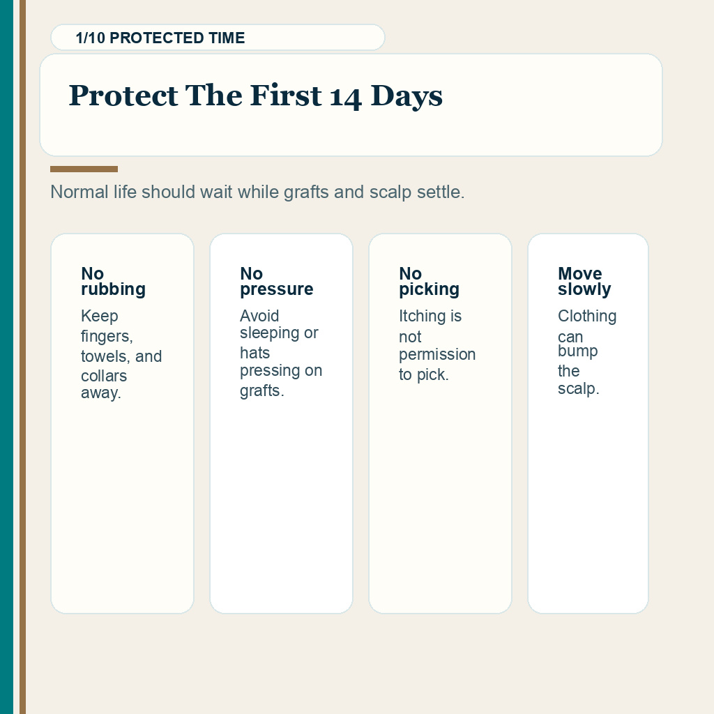 Hair transplant aftercare slide 1 explaining protect first 14 days