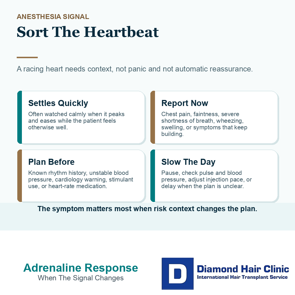 Support card sorting a racing heart after local anesthesia by settling signs, warning symptoms, prior heart context, and injection pace.