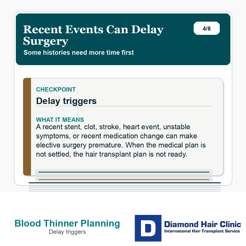 Blood thinner planning slide listing medical situations that may delay elective hair transplant surgery