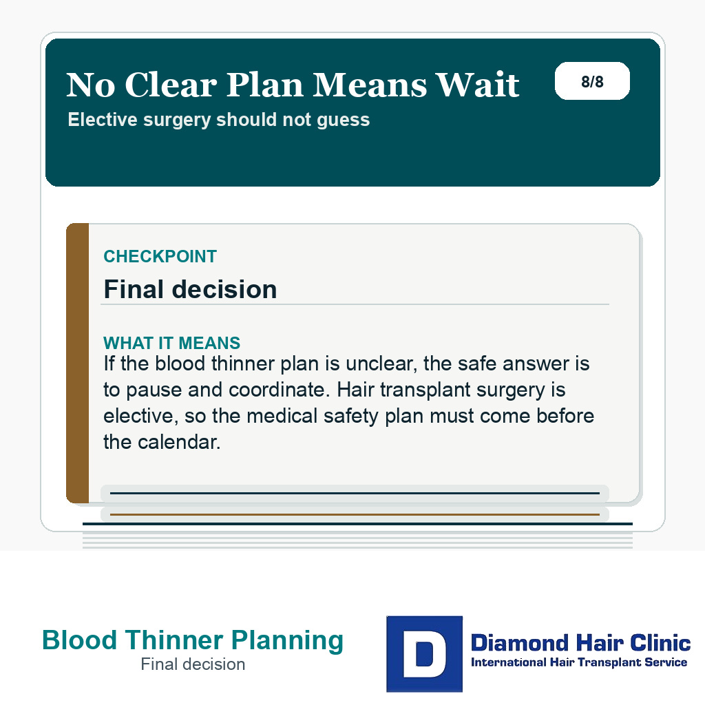 Blood thinner planning slide explaining that unclear medication planning should pause elective hair transplant surgery