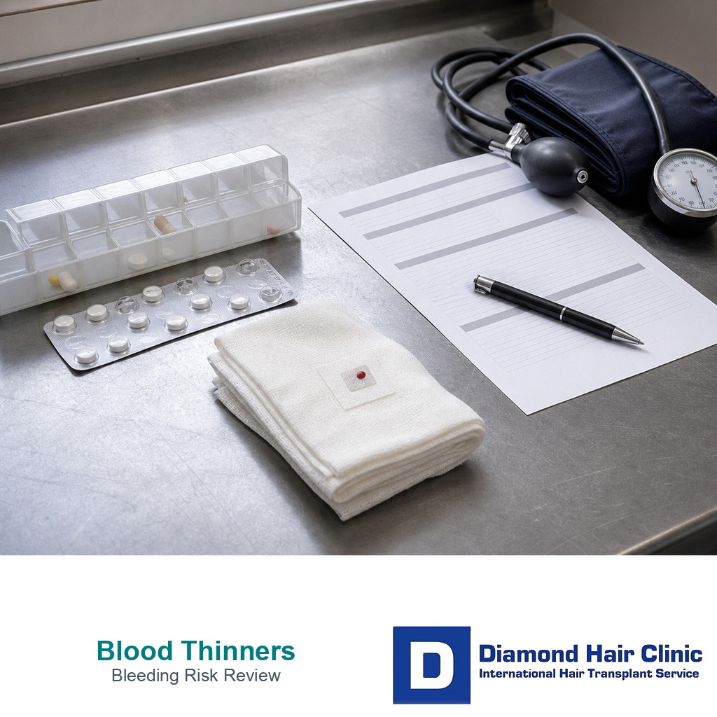 Faceless blood thinner safety review with pill organizer gauze and blood pressure cuff