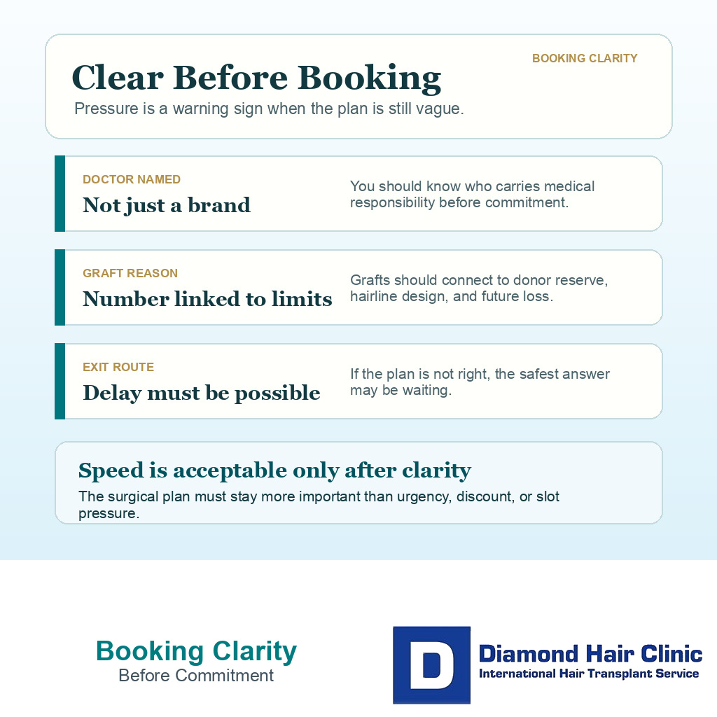 Support card listing what should be clear before booking a hair transplant, including doctor name, graft reason, and exit route.