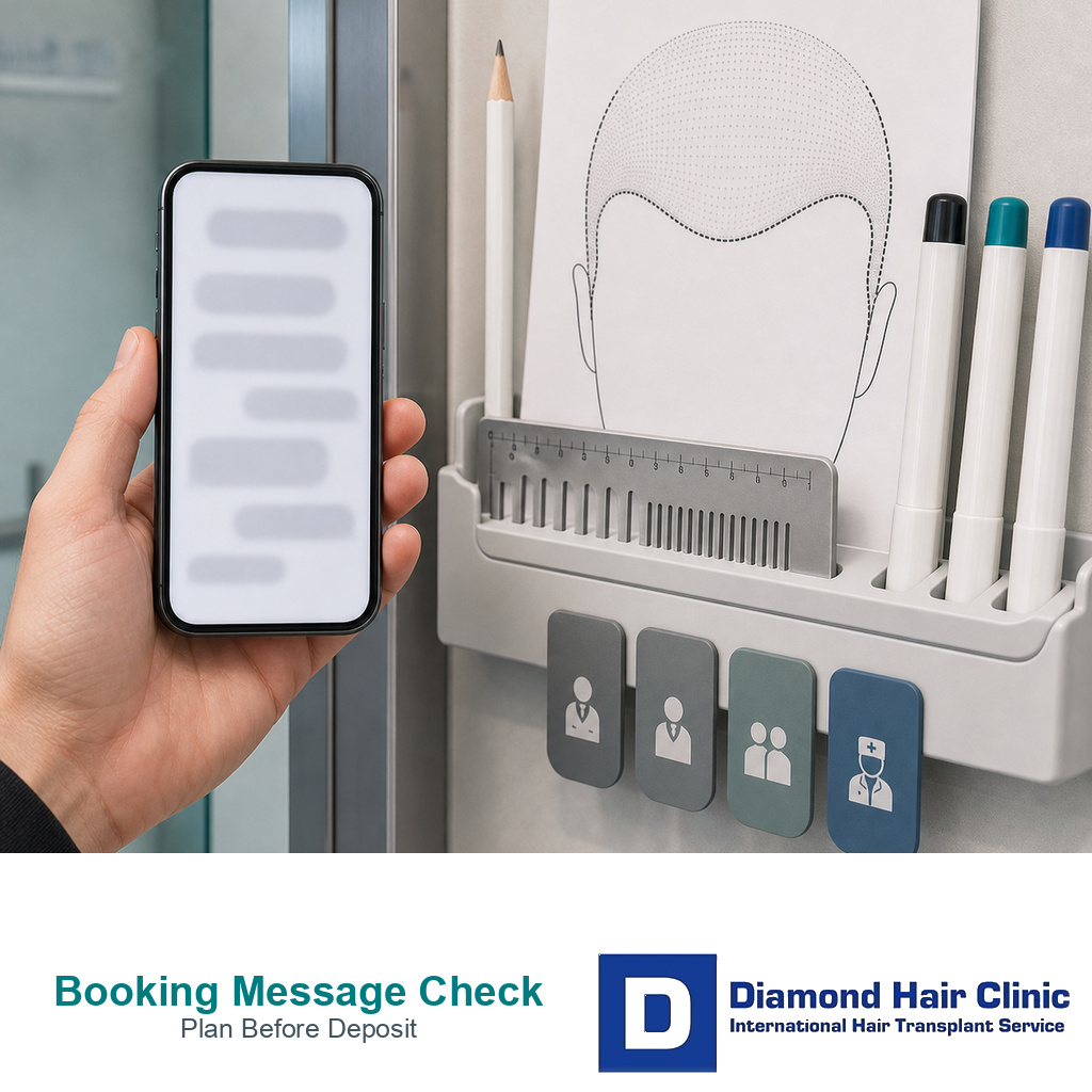 Unreadable booking message phone beside a hair transplant planning rail