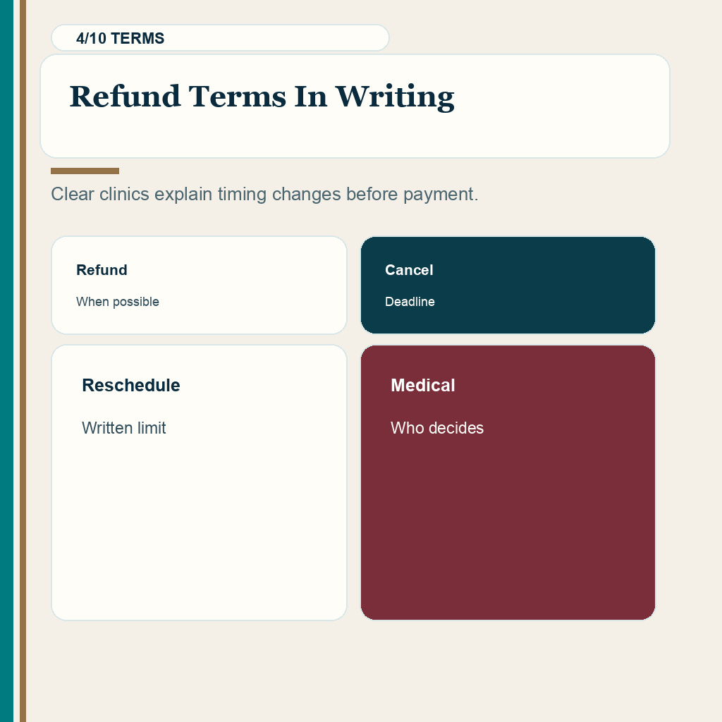 Slide 4 of 10 about written refund cancellation and rescheduling terms before payment