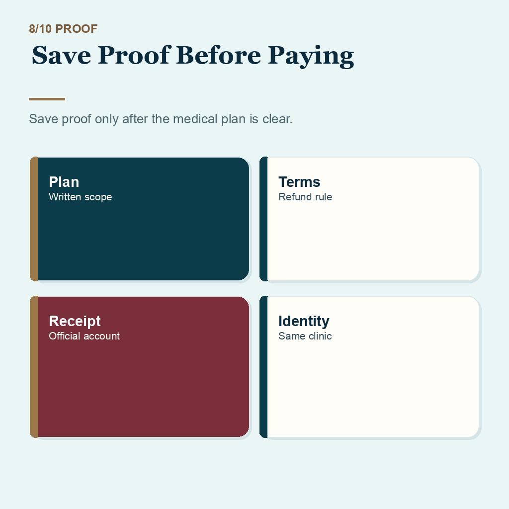 Slide 8 of 10 about saving written proof before paying a hair transplant deposit