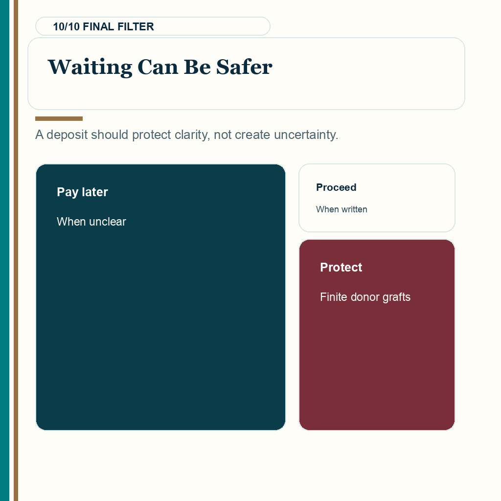 Slide 10 of 10 explaining that waiting can be safer than paying before the hair transplant plan is clear