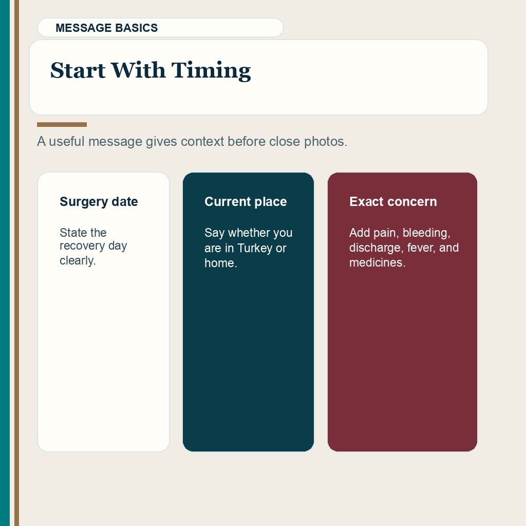 Hair transplant follow-up slide 2 explaining what timing details to send