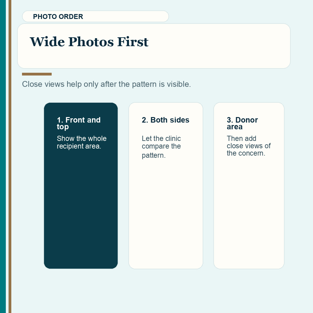 Hair transplant follow-up slide 3 explaining why wide photos should come before close views
