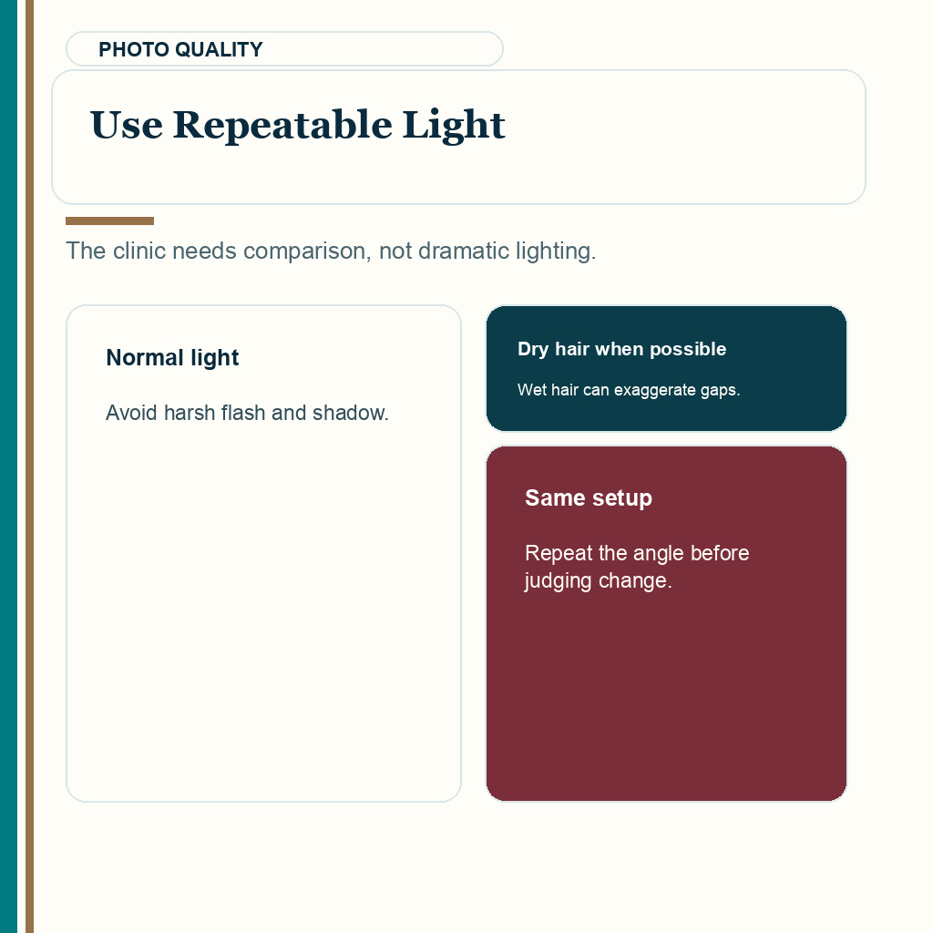 Hair transplant follow-up slide 4 explaining repeatable lighting for review photos