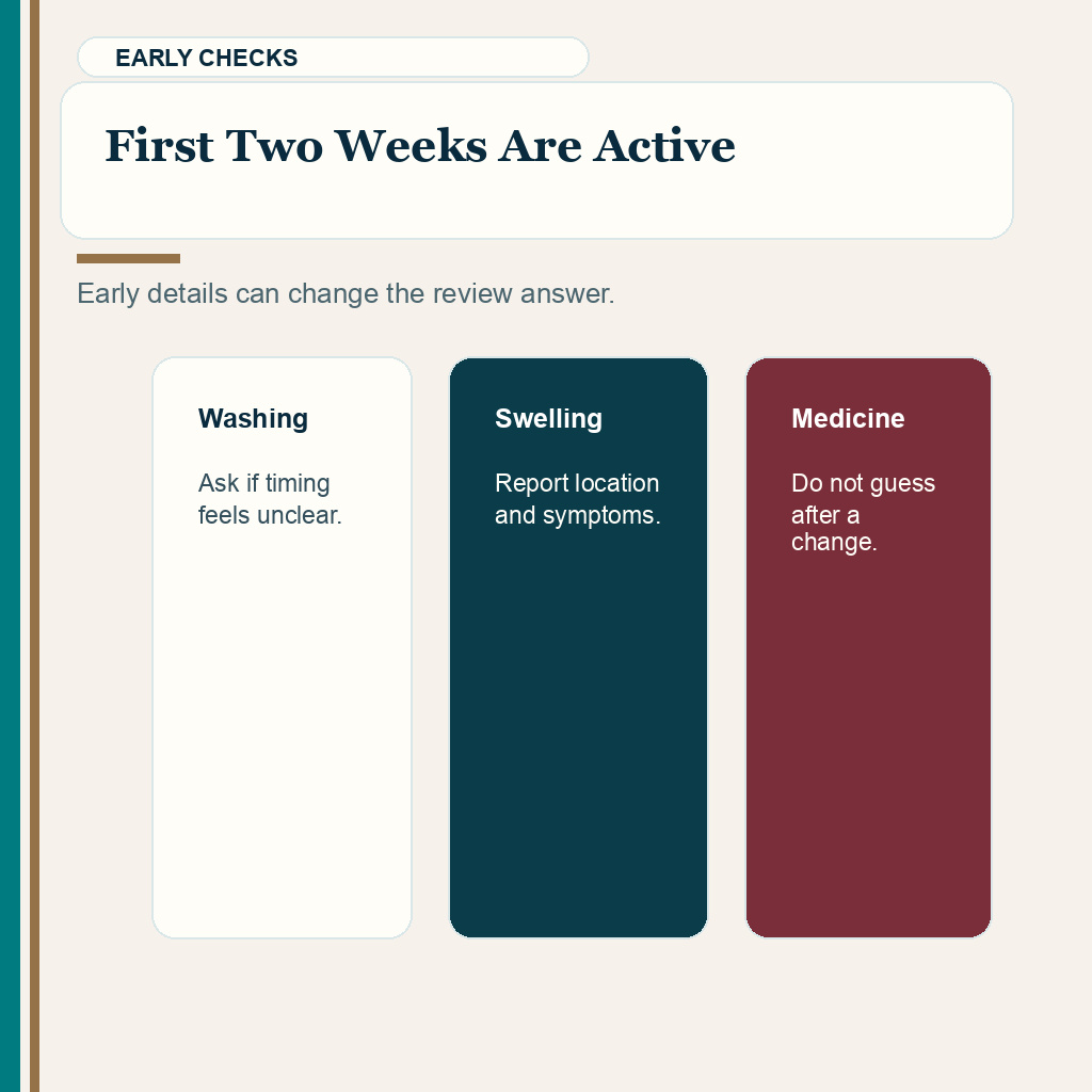 Hair transplant follow-up slide 5 explaining active checks during the first two weeks