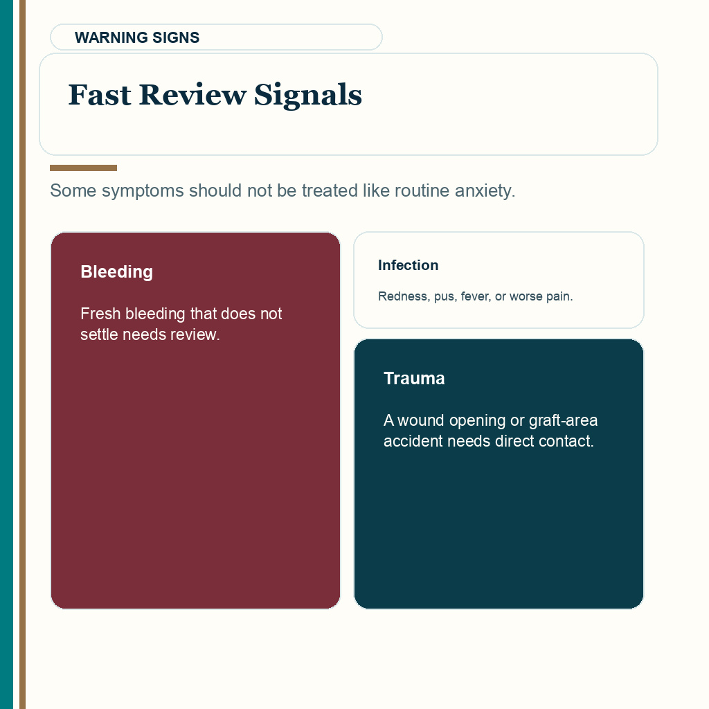 Hair transplant follow-up slide 7 explaining warning signs that need fast review