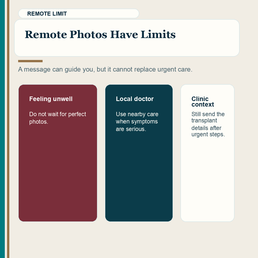 Hair transplant follow-up slide 8 explaining the limits of remote photo review