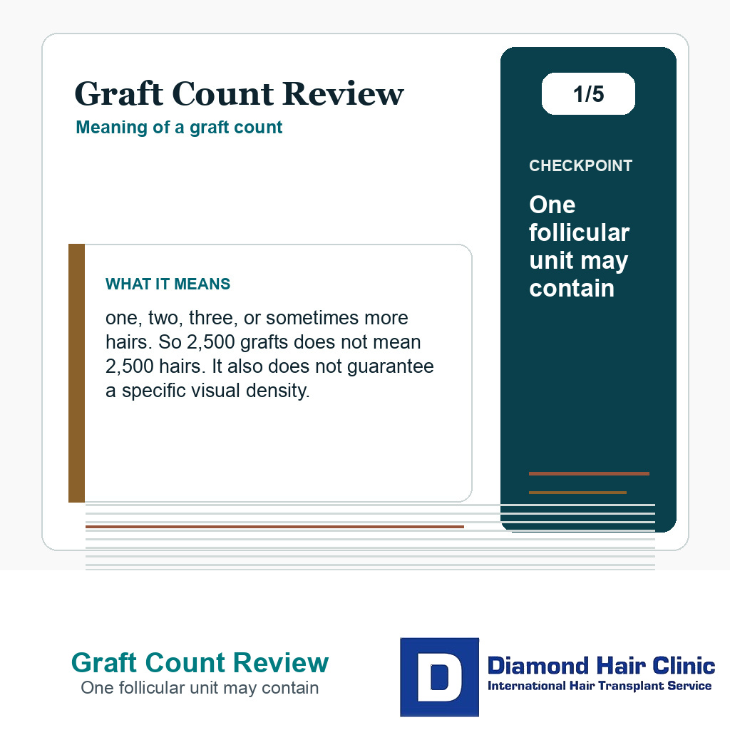 Graft Count Review carousel slide about one follicular unit may contain