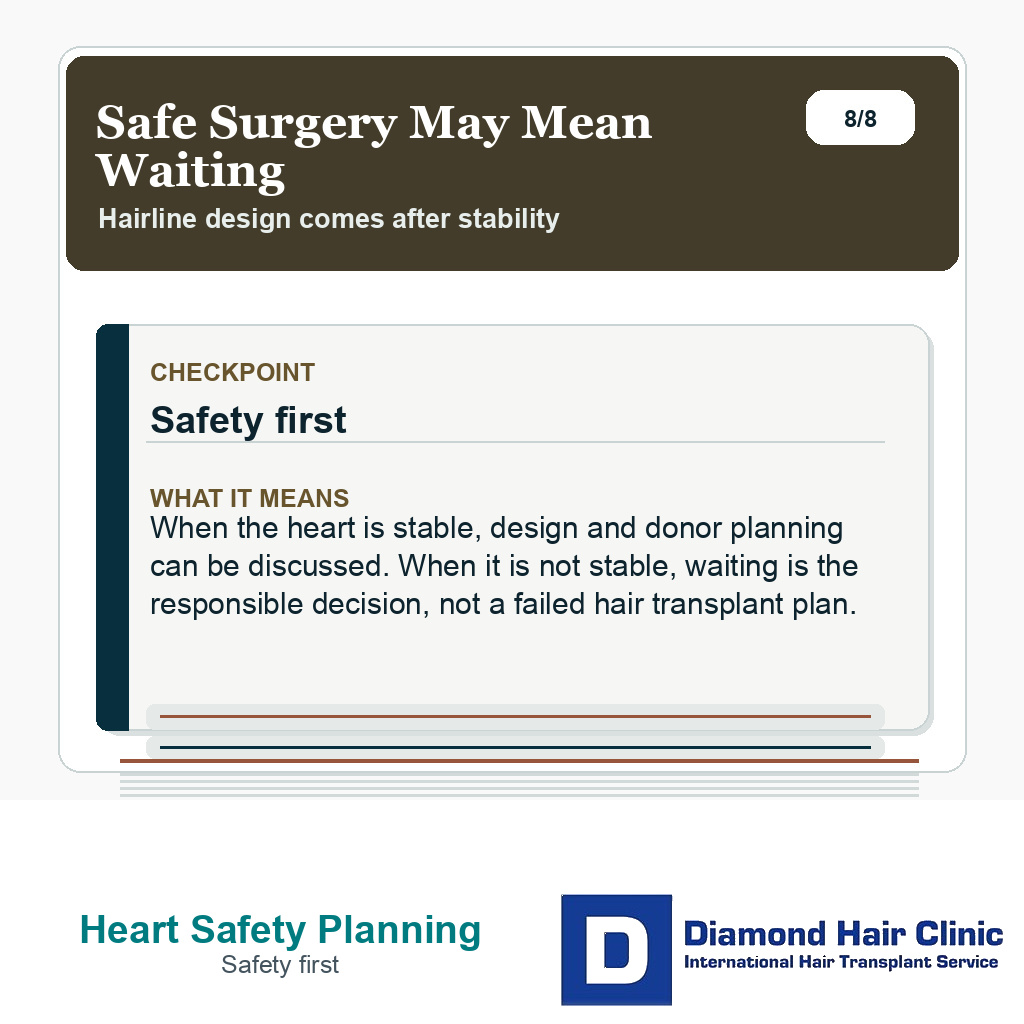 Heart disease hair transplant slide explaining that safe planning may mean waiting until the heart is stable