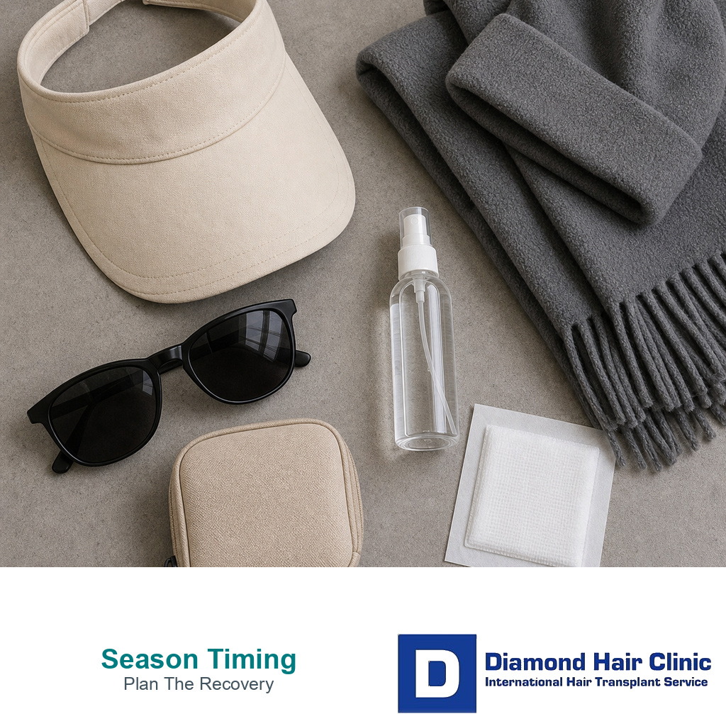 Sun visor sunglasses winter beanie scarf mist bottle and gauze for choosing hair transplant season