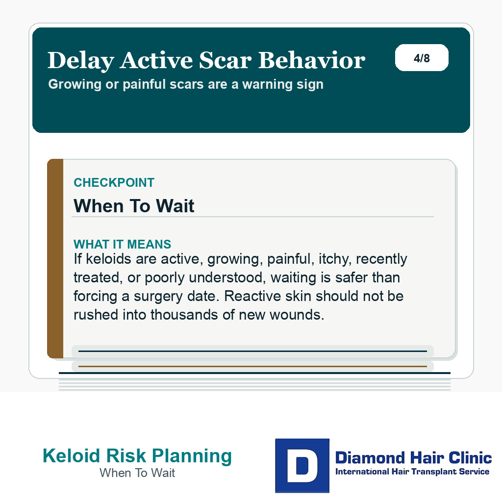 Keloid risk carousel slide listing active scar signs that can delay hair transplant surgery