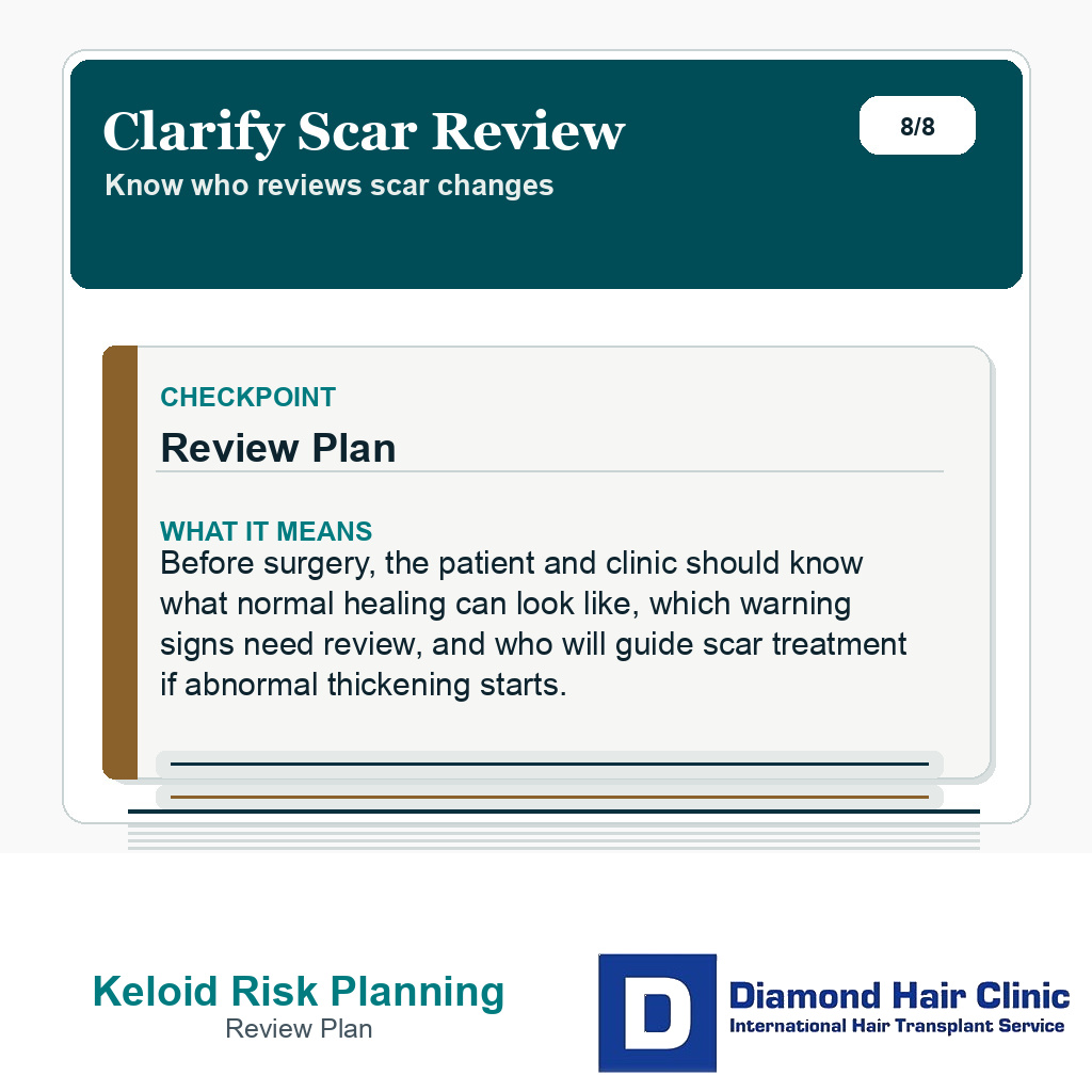 Keloid risk carousel slide explaining why a scar review plan should be clear before hair transplant surgery