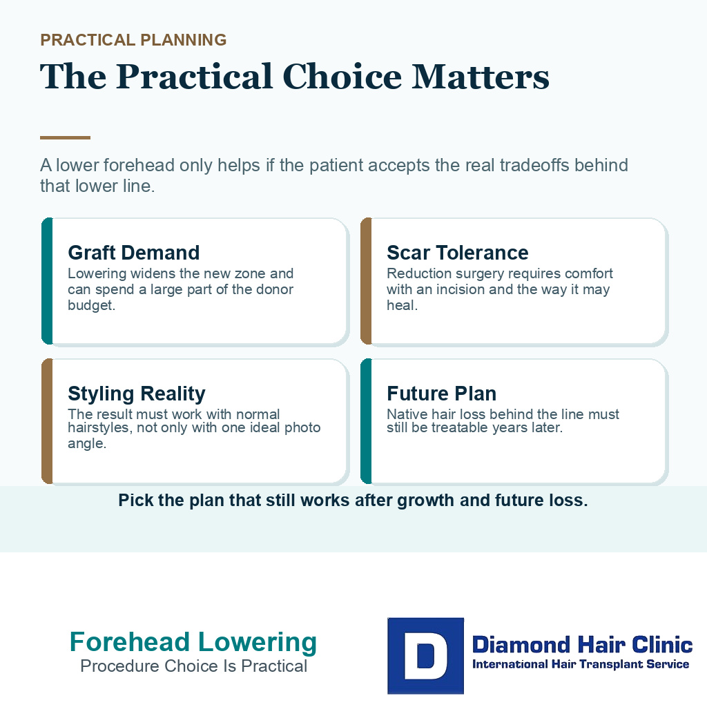 Support card showing practical tradeoffs behind forehead lowering, including graft demand, scar tolerance, styling reality, and future planning.
