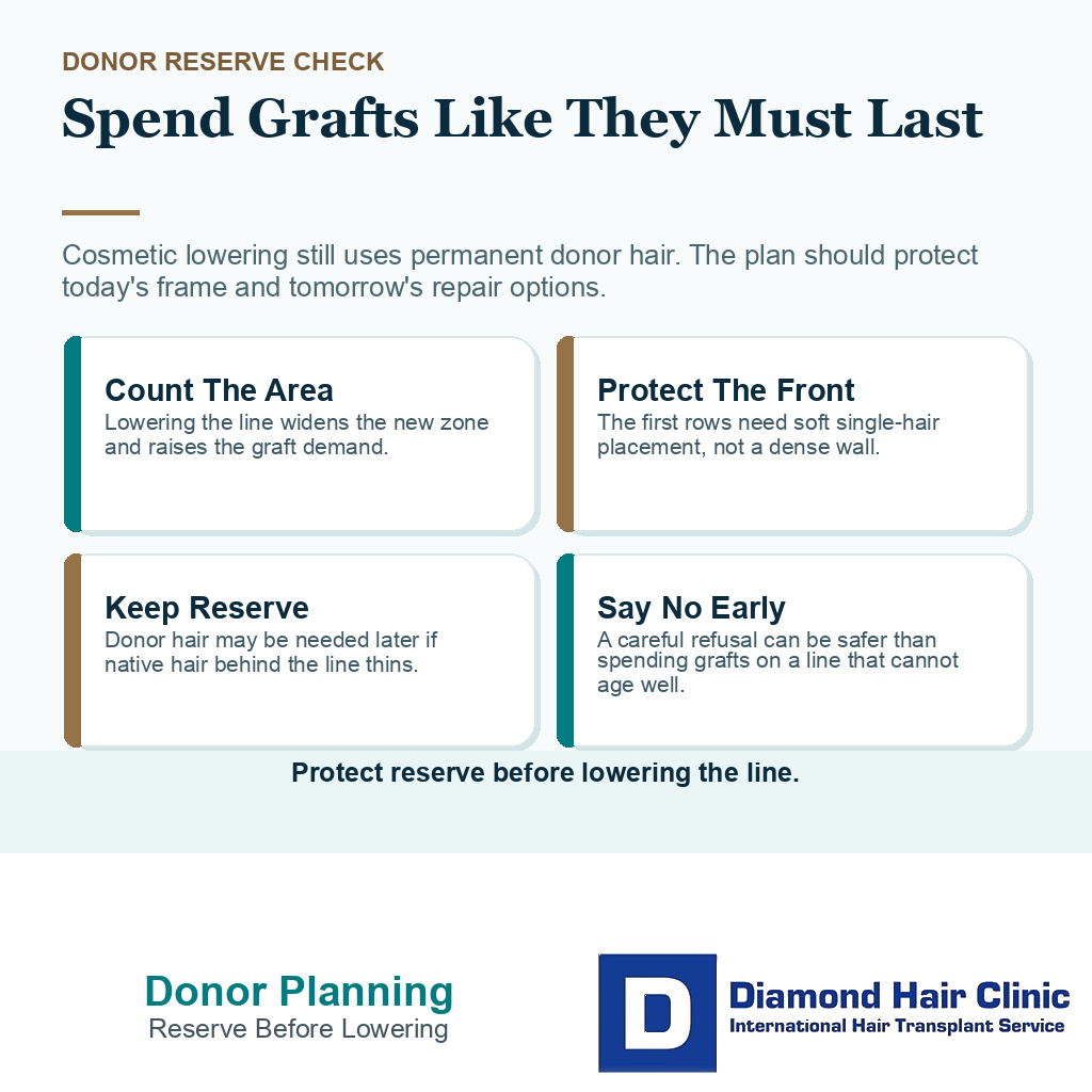 Support card explaining donor reserve before lowering a naturally high forehead, with graft demand, soft first rows, reserve, and refusal checks.