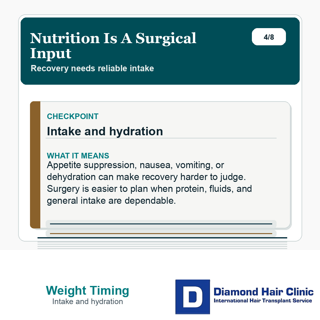 Ozempic hair transplant slide about nutrition hydration and recovery planning.