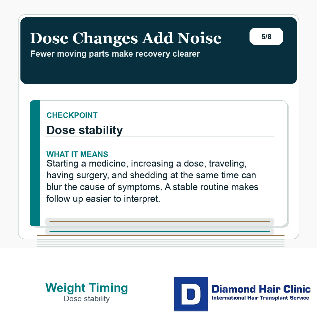 Ozempic hair transplant slide about dose stability and fewer moving parts.