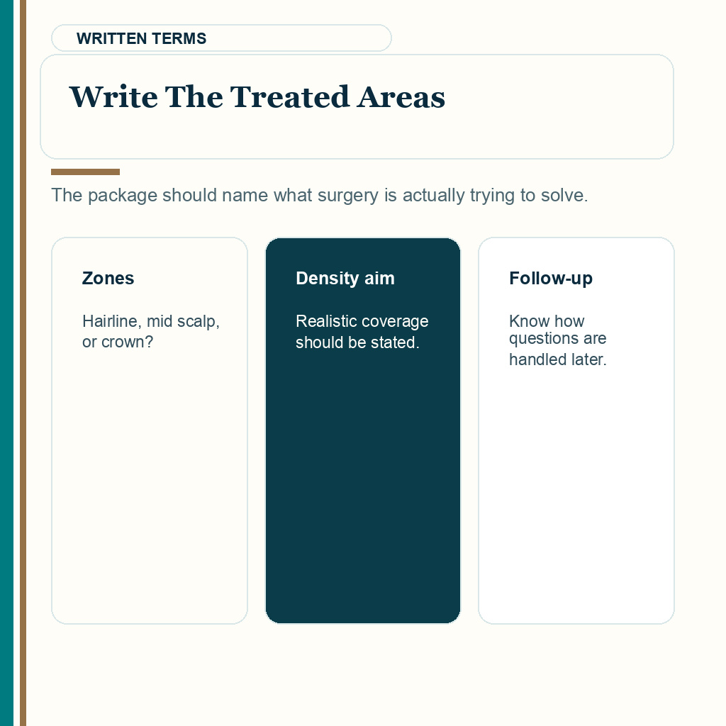 Hair transplant package slide 4 explaining why treated areas should be written