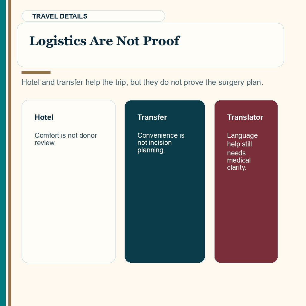 Hair transplant package slide 6 explaining logistics are not proof of surgery quality