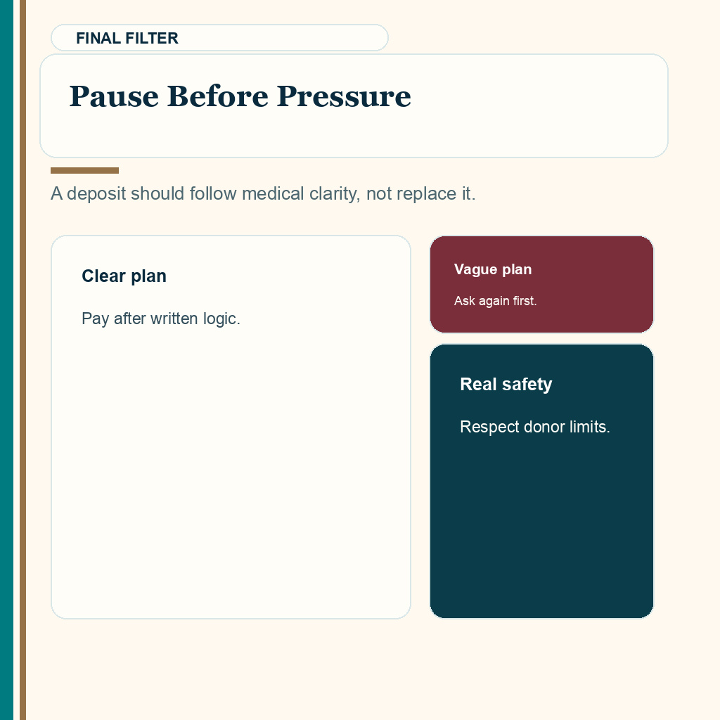 Hair transplant package slide 10 explaining when to pause before payment pressure