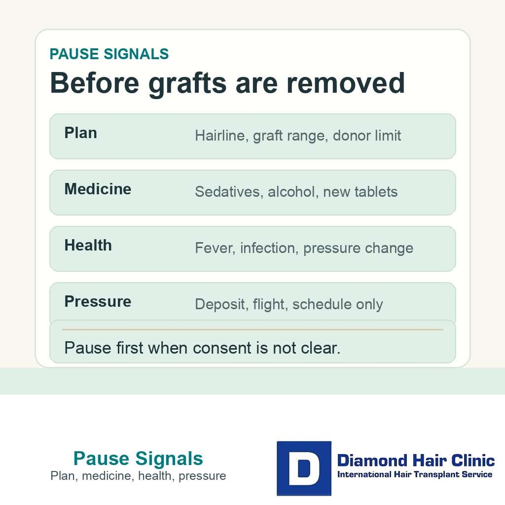Information card showing pause signals before hair transplant surgery including unclear plan hidden medicine health change and pressure only