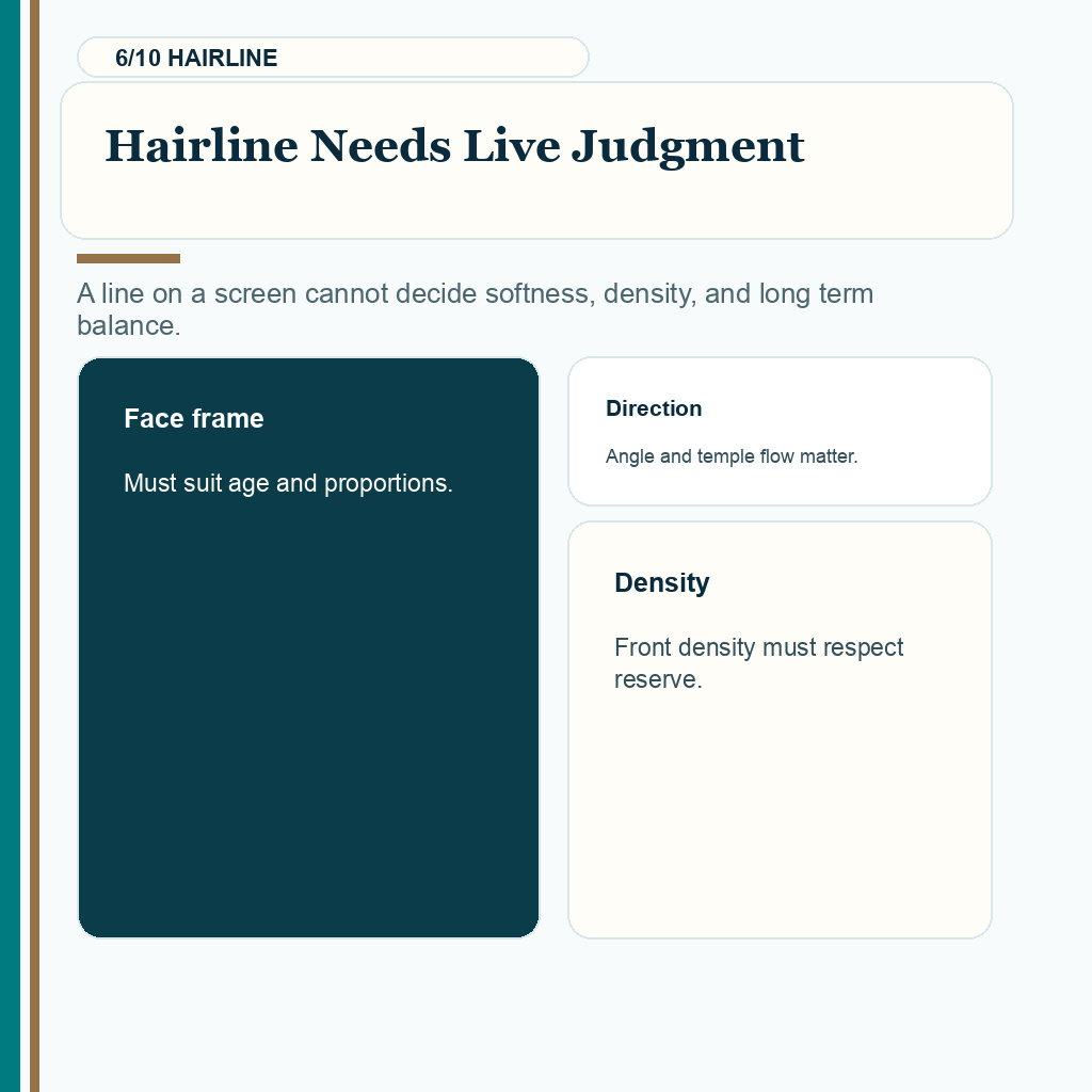 Hair transplant planning from photos slide 6 explaining hairline needs live judgment