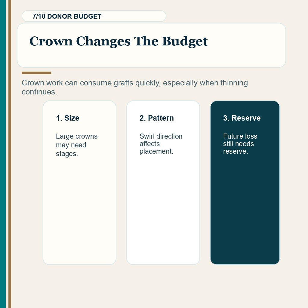 Hair transplant planning from photos slide 7 explaining the crown changes graft budgeting