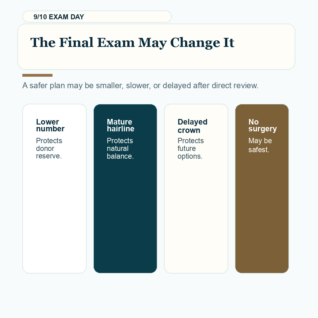 Hair transplant planning from photos slide 9 explaining final examination may change the plan