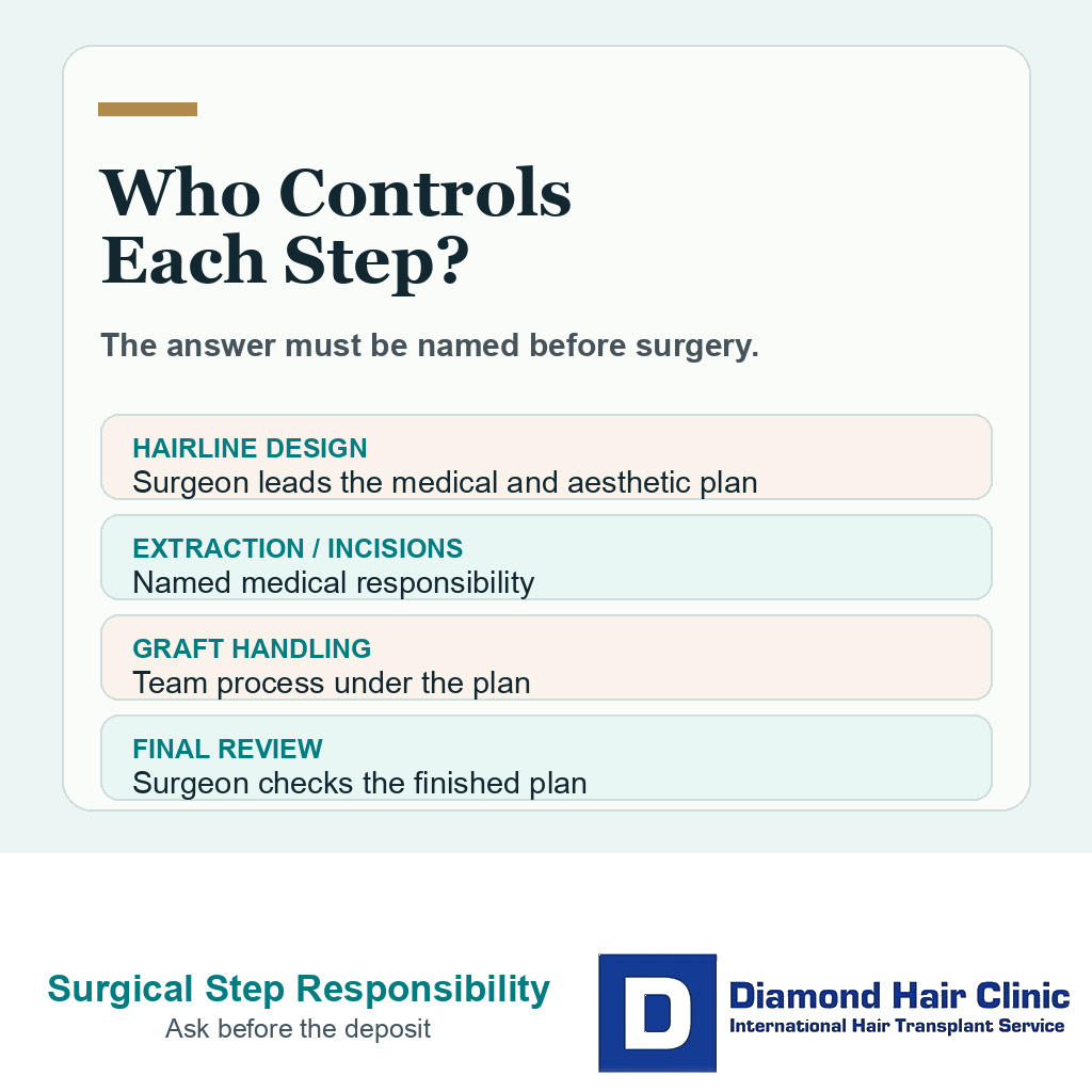 Decision card showing surgical steps that need clear surgeon responsibility in hair transplant surgery
