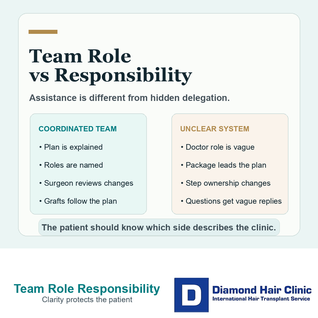 Comparison card separating coordinated hair transplant team roles from unclear surgical responsibility