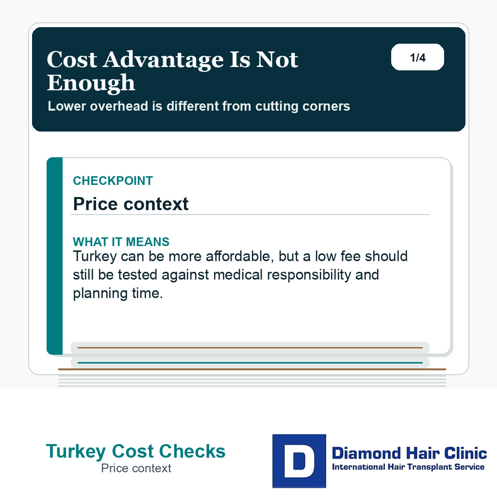 Hair transplant Turkey cost slide explaining that lower cost still needs medical responsibility