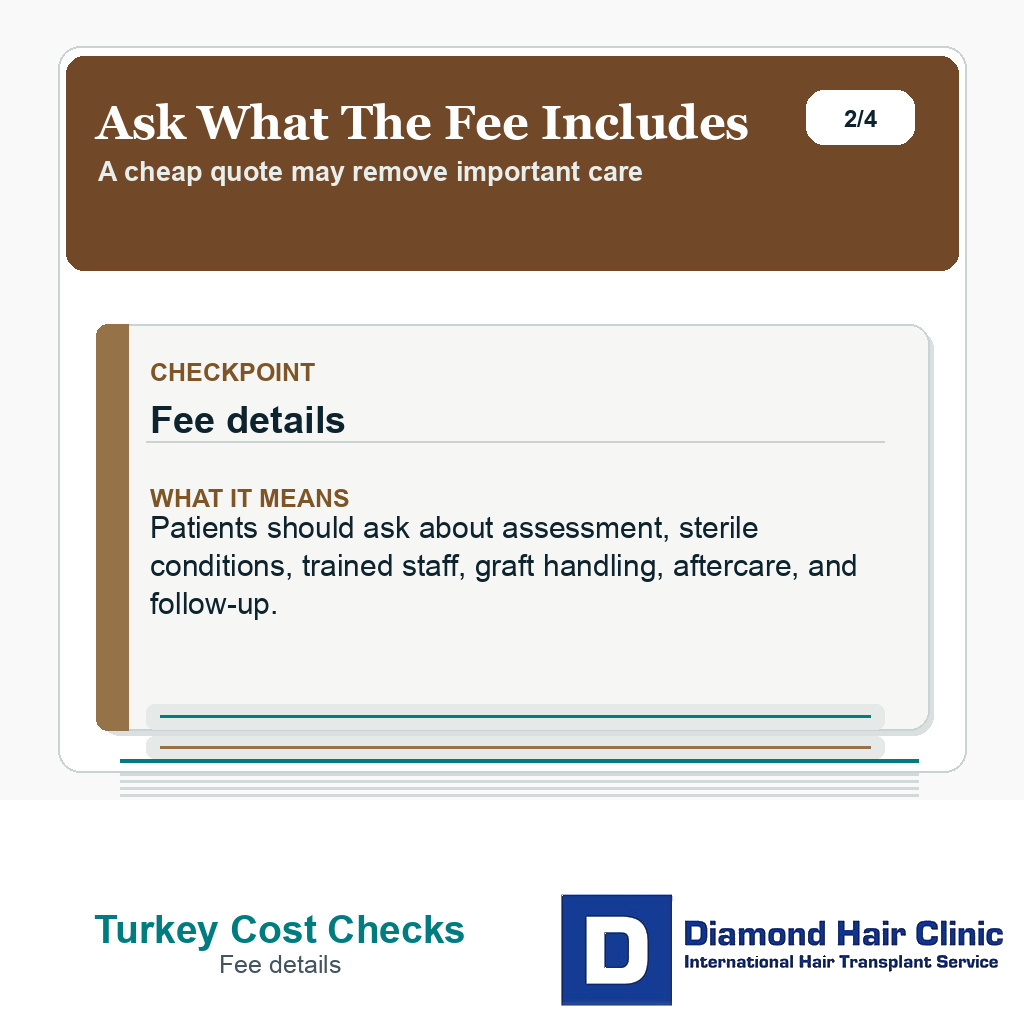Hair transplant Turkey cost slide explaining what patients should ask about the fee