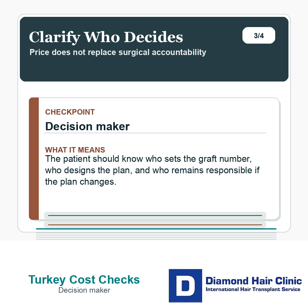 Hair transplant Turkey cost slide explaining who should make surgical decisions