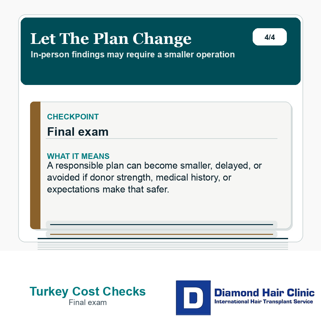 Hair transplant Turkey cost slide explaining why the plan should change after examination when needed