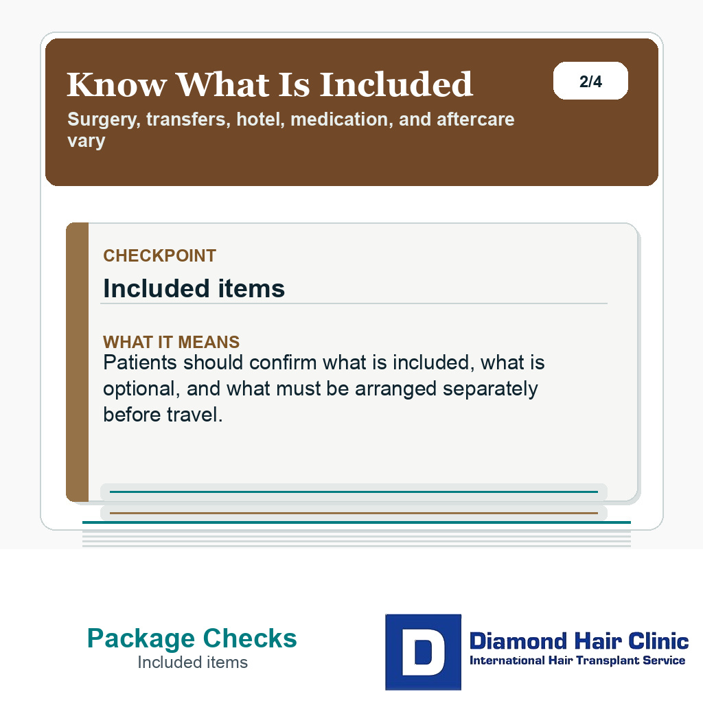 Hair transplant Turkey package slide explaining that patients should confirm included items
