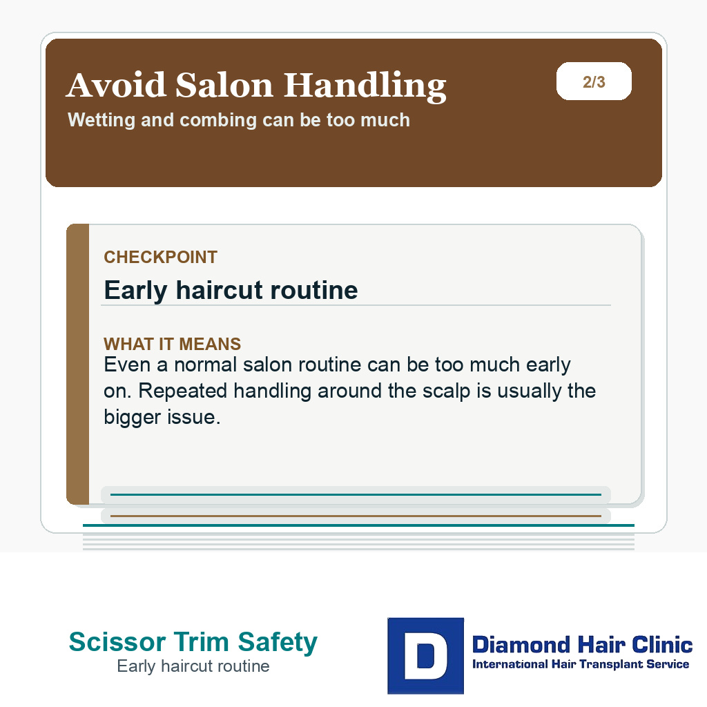 Haircut after hair transplant slide explaining salon handling wetting and combing risk